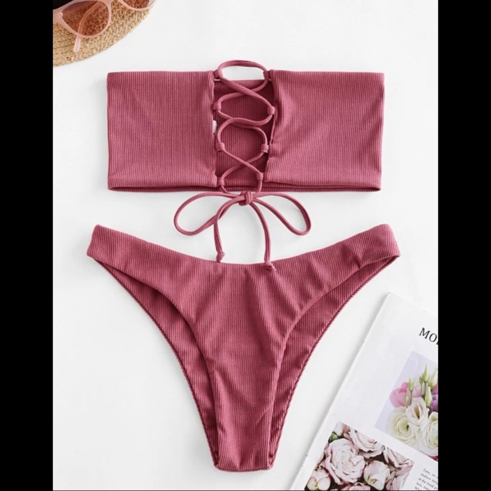 Zaful Pink Lace-up Bandeau Bikini